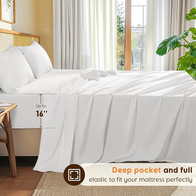 LBRO2M 100% Cotton Sheets Set Queen Size 600 Thread Count 4 Piece Sets Bed Sheet Deep Pocket Up to 16" Soft Comfortable All Season (Queen, White)