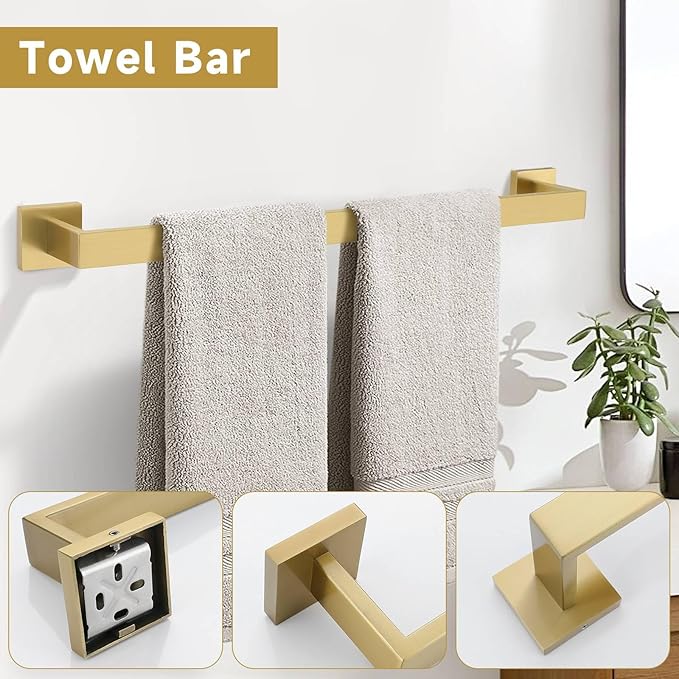 10-Piece Bathroom Hardware Accessories Set-Brushed Gold Towel Bar, Holder & Racks-SUS304 Stainless Steel-Wall Mounted,23.6-Inch