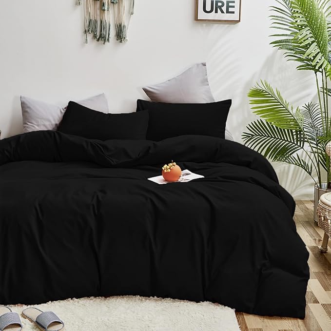 Cottonight Black Comforter Set Full Men Boys Black Bedding Set Modern Dark Color Soft Quilts Blanket Modern Gothic 3 Piece Plain Comforter for Women Men Full Bed