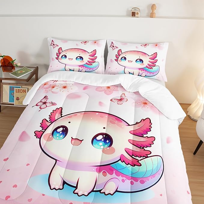 Cartoon Axolotl Comforter Kids Bedding Set,Cute Axolotl Flower Butterfly Bedding King Size for Toddler Girls Room Kawaii Decor,Pink Series Kids Comforter Sets with 2 Pillowcases.