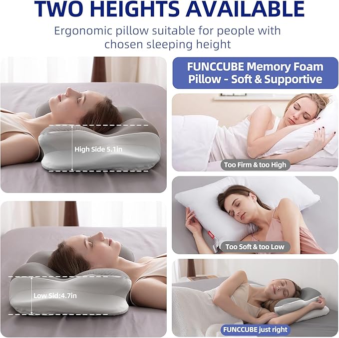 Cervical Neck Pillow - Memory Foam Pillows for Pain Relief Sleeping with Cooling Pillowcase, Ergonomic Contour Odorless Bed Pillow for Back Side Shoulder Stomach Sleeper, Queen Gray