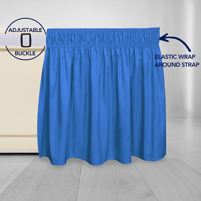 PureFit Wrap Around Ruffled Bed Skirt with Adjustable Elastic Belt - 18 Inch Drop Easy to Put On, Wrinkle Free Bedskirt Dust Ruffles, Bed Frame Cover for Twin,Twin XL and Full Size Beds, Blue