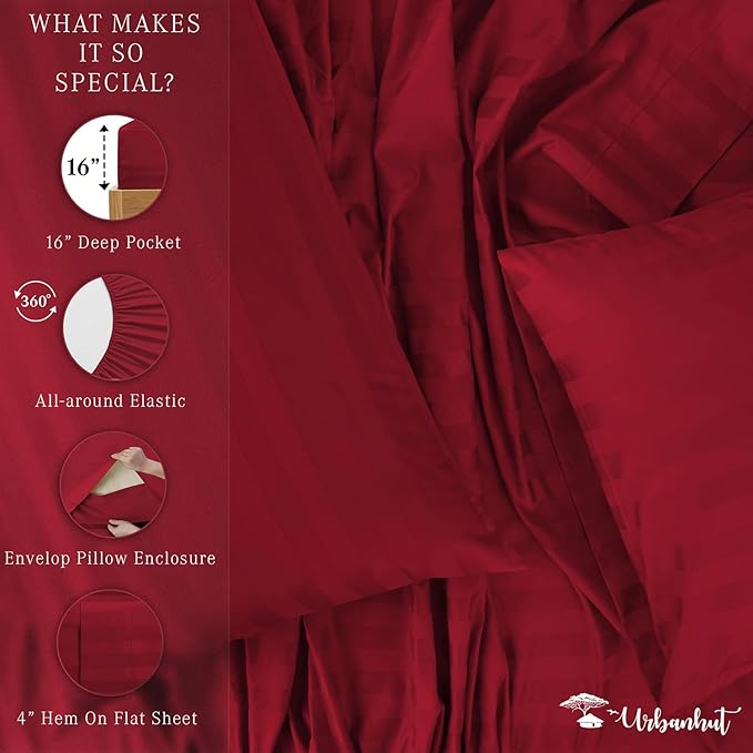 URBANHUT 1000 Thread Count Damask California King Bed Sheets Egyptian Cotton Sheet Set, Long Staple Soft & Breathable, 4 Pc Bed Sheet Sets, Luxury Hotel Sateen Sheets Fits 16" Deep Pocket - Burgundy
