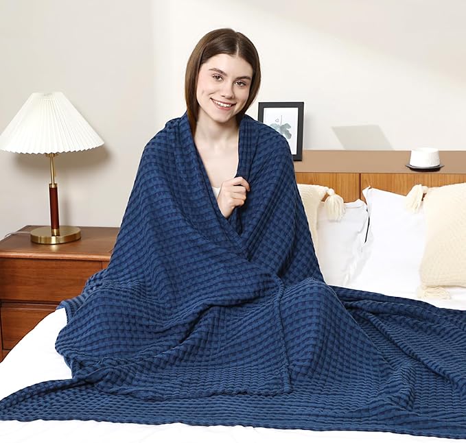 Aganear Waffle Blanket - Lightweight Breathable Summer Blanket of 50% Cotton and 50% Rayon Derived from Bamboo for Hot Sleepers Luxury Throws for Bed, Couch and Sofa,Navy,90x90 Inches