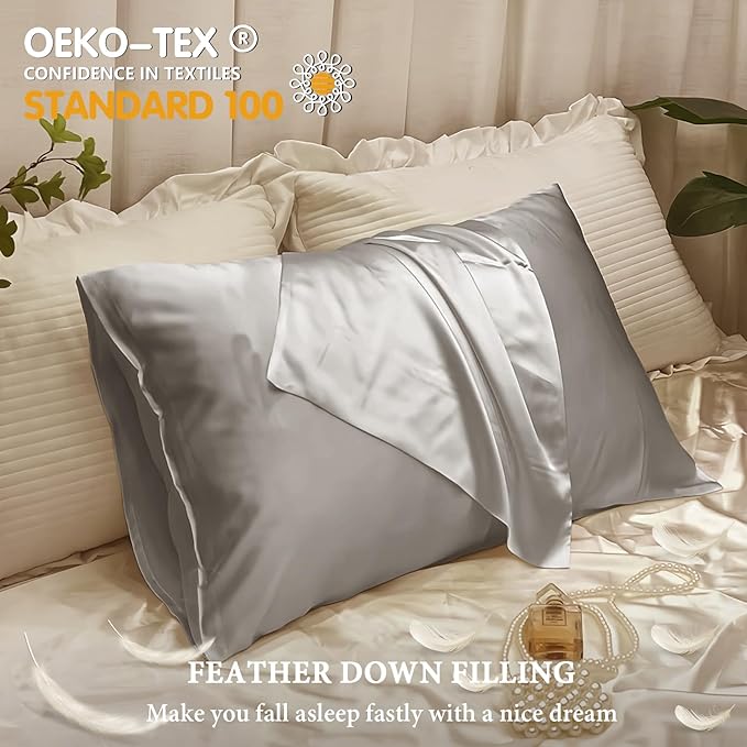 BHZ Satin Goose Down Feather Pillows King Size Set of 2 with Satin Pillowcase for Hair and Skin, Cooling Pillow Cases Similar to Silk Pillow Cases, Decorative for Women, Mom Men, Grey