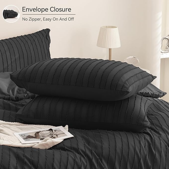 JELLYMONI Duvet Cover Queen Size Black - 3PCS Boho Striped Duvet Cover Set Polyester Tufted Bohemian Textured Comforter Cover with Corner Ties & Zipper Closure