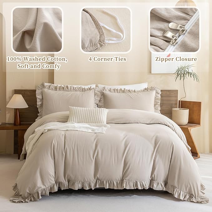 QSH Washed Cotton Duvet Cover King Ruffle Duvet Cover Linen Textured Farmhouse Shabby Vintage Chic Bedding Comforter Cover 3 PCs Aesthetic French Country Vintage King Bedding