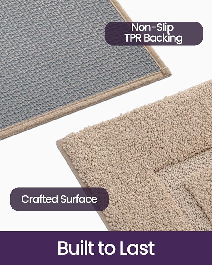 DEXI Bathroom Rugs 24x16, Washable Non Slip Bath Mat for Shower Floor, Absorbent Quick Dry Bathmat with Rubber Backing, Ultra Soft Plush Carpet for Tub, Beige
