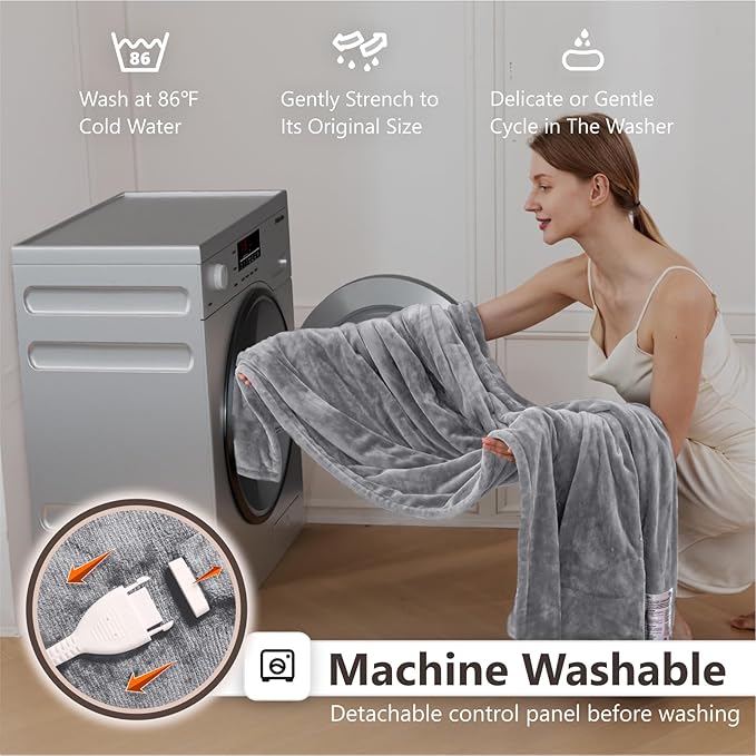 Wapaneus Heated Blanket Electric Throw 72" x 84" Full Size with 10 Heating Levels 12 Hours Time Setings and Auto-Shut Off, Flannel Fast-Heating Electric Blanket,Machine Washable,Light Grey