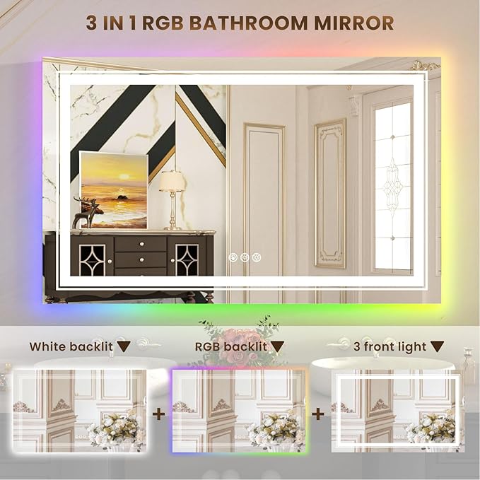 WTTY LED Bathroom Mirror 40"x30" with RGB Backlit and Front Light,Stepless Dimmable LED Mirror for Bathroom,Lighted Bathroom Vanity Mirror,Anti-Fog,Memory Function,Shatter-Proof,Wall Mounted
