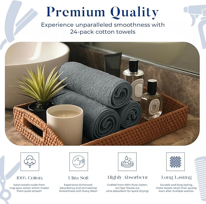 DAN RIVER 100% Cotton Salon Towels Set – 16x26 inches, Pack of 24, Highly Absorbent and Quick-Dry Towels for Hand, Salon, Spa, Beauty, Gyms and Home Hair Care, Grey