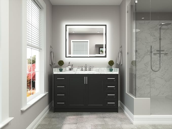 TETOTE 40 x 32 Led Mirror Brushed Black Metal Frame Frontlit & Backlit Vanity Mirror Anti-Fog Stepless Dimmable 3 Colors White/Warm/Natural Wall Mirror with Lights Wall-Mounted