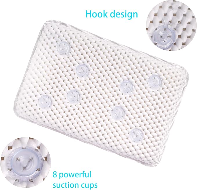 OSVINO Bath Pillow Thick Comfy Drainage for Jetted Tub Spa Cushion with 8 Suction Cups, White, 7.5"x11.5"x2"