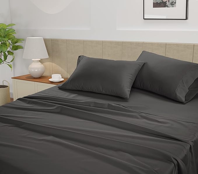 LANE LINEN Split King Cotton Sheets Sets for Adjustable Bed – 450 Thread Count Cooling Sateen Weave, Soft & Breathable, 15” Deep Pocket Fully Elasticized Fitted Sheet, Hotel Quality, Charcoal