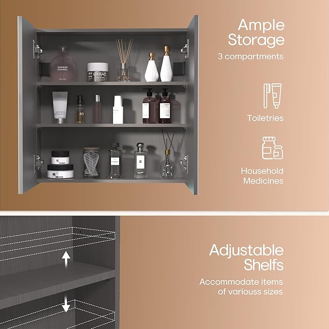 24x24 inch Bathroom Wall Cabinet, Saver Storage Cabinet, Medicine Cabinet with 2 Door and Adjustable Shelves, Grey（Assembly Required）