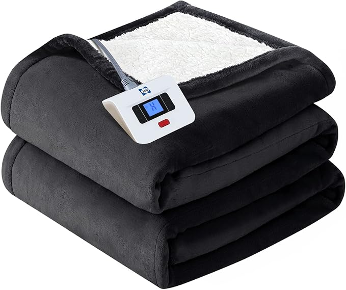 SEALY Heated Electric Blanket Full Size, Flannel & Sherpa Heating Blanket with with 10 Heating Levels & 1-12 Hours Auto Shut Off, Fast Heating Blanket, Machine Washable, Grey, 80 x 84 Inch