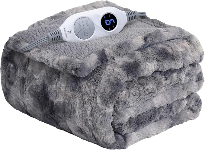 Westinghouse Electric Heated Throw Blanket, Faux Fur with 6 Heating Levels & Auto Off, Soft Cozy Sherpa Washable Blanket (50" x 60", Grey)