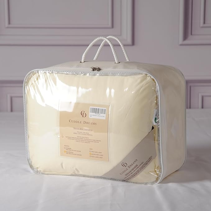 CUDDLE DREAMS Silk Filled Comforter for All Season, Detachable Tencel Duvet Cover for Easy Care, Naturally Breathable (Ivory, King)