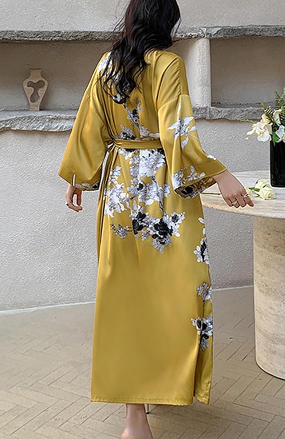 Silk Satin Robe for Women Long Japanese Kimono Robe Lightweight Soft Bathrobe Floral Luxury Dressing Gown