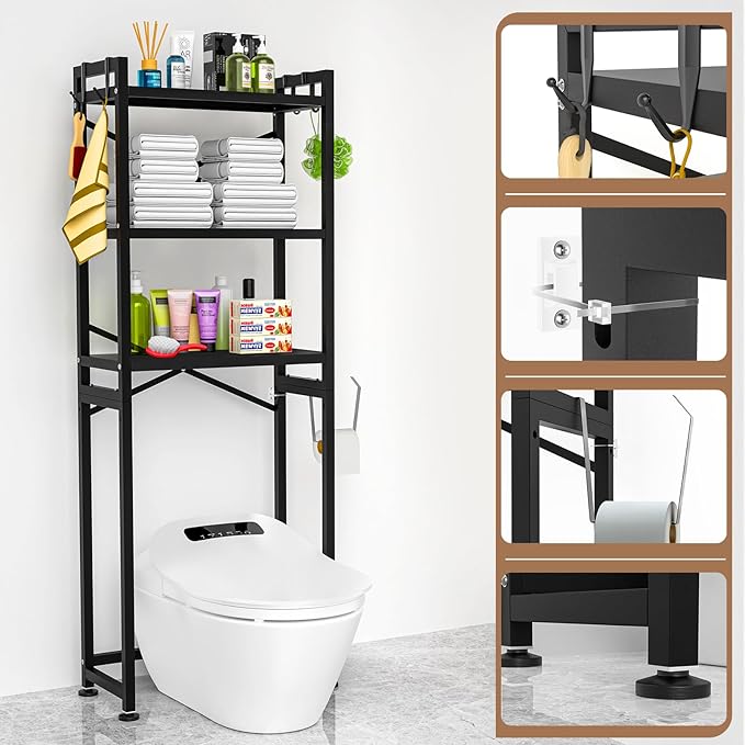ZZL Over The Toilet Storage,3-Tier,Bathroom Toilet Organizer,Multifunctional Space Saver Freestanding Bathroom Shelves with 4 Hooks,Black