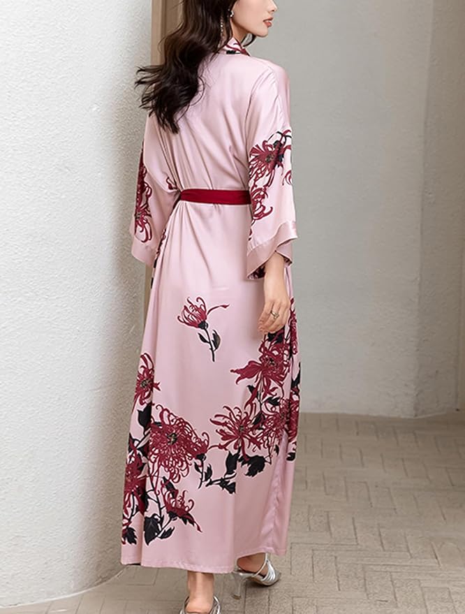 Silk Satin Robe for Women Long Japanese Kimono Robe Lightweight Soft Bathrobe Floral Luxury Dressing Gown