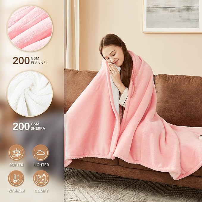 Homemate Electric Heated Blanket Full Size - 72"x84" Heating Blanket Full Size 1/2/4/6/8 Hours Auto-Off 10 Heat Level Over-Heat Protection Flannel Sherpa ETL Certification