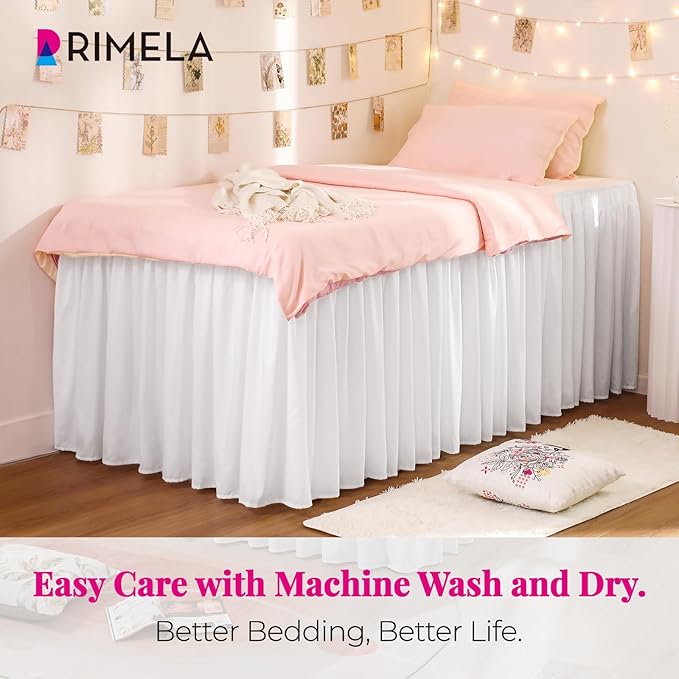 RIMELA Dorm Bed Skirt Twin XL 46 Inch Drop, Easy to Install Extra Long Wrap Around Elastic Dust Ruffle, White Bedskirt Solid Silky Fabric Machine Washable (Twin XL 80“L x 39”W & Twin 75“L x 39”W)