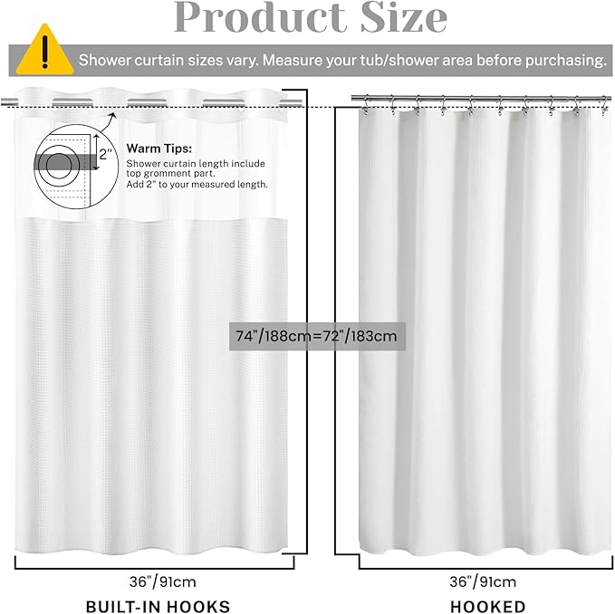 No Hook Shower Curtain with Snap in Liner Set Waffle Shower Curtain for Bathroom Hotel Style Fabric Waterproof Inner Liner，36" W x 74" H, White
