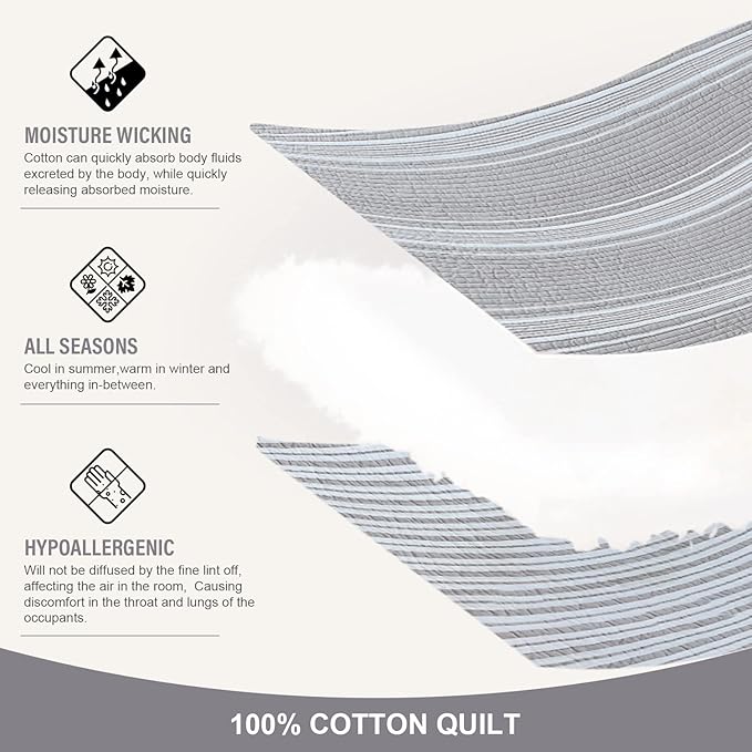 Y-PLWOMEN Quilt Queen Size - 100% Cotton Queen Bed Quilt, Grey Striped Reversible Bedspread for All Season, 3-Piece