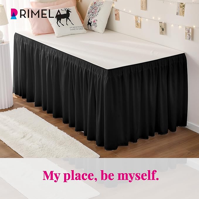 RIMELA Dorm Bed Skirt Twin XL 25 Inch Drop, Extra Long Wrap Around Elastic Bed Skirts Easy to Put On Twin Size Dust Ruffle, Black Bedskirt for Adjustable Bed Base Solid Silky Fabric Machine Washable