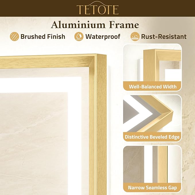 TETOTE 28 x 36 Bathroom LED Mirror Brushed Gold Metal Frame Frontlit & Backlit Vanity Mirror Anti-Fog Stepless Dimmable 3 Colors White/Warm/Natural with Lights Wall-Mounted