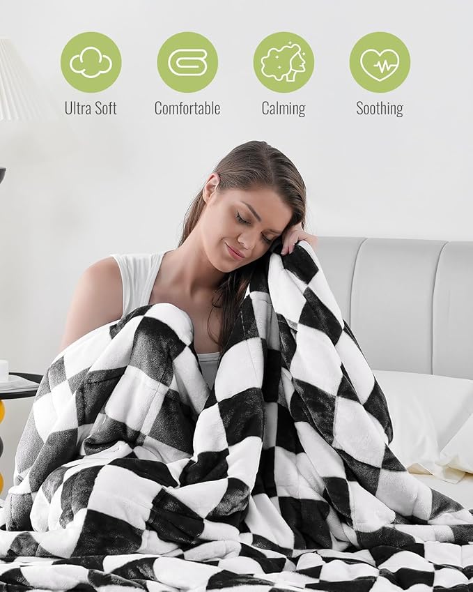 Uttermara Weighted Blanket Full Size(12lbs, 48" x 72", Plaid Black), Double Side Premium Soft Flannel Fleece Weighted Throw Blanket, Reversible Checkerboard Print Heavy Blanket for Adults Couch Bed