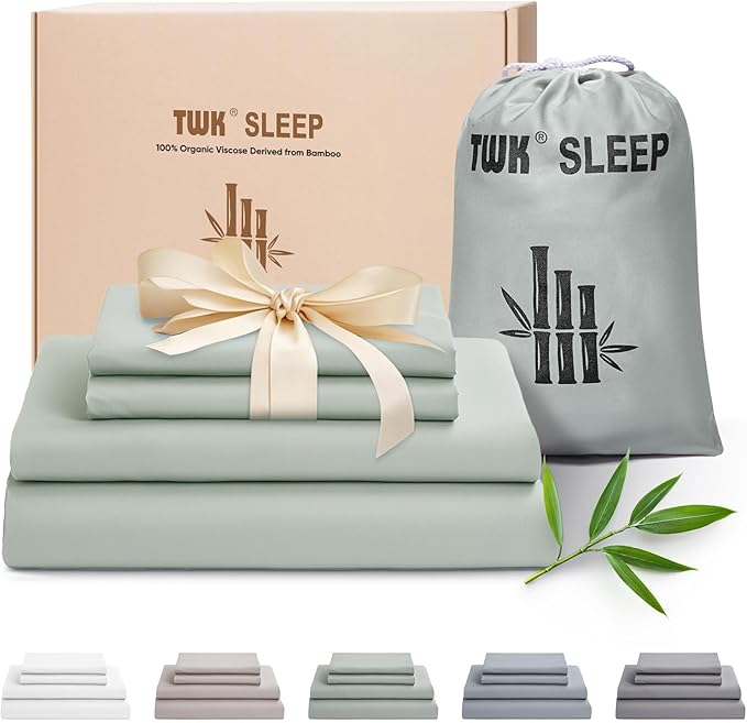 TWK Luxury Sheet Set, Genuine 100% Viscose Derived from Bamboo, Cooling & Breathable, Silky Soft, Bedding Sheets & Pillowcases (Sea Glass, Full)