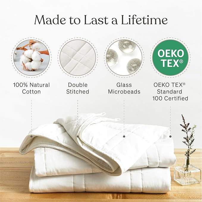 Baloo Weighted Blanket for Adults 15 lb (Pebble White, 60"x80") | Cool & 100% Cotton | Machine Washable & Dryer Safe | Glass Microbead Fill