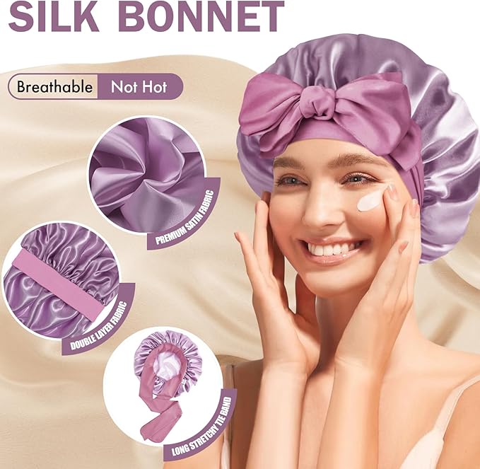 Silk Bonnet for Sleeping Women, Adjustable Soft Satin Lined Bonnet with Tie Band, Double Layer Sleep Night Cap
