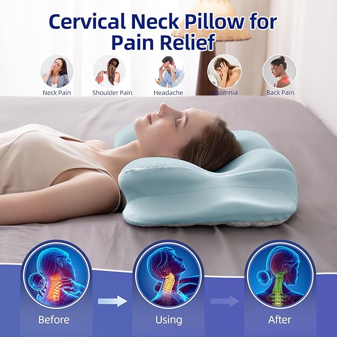 Cervical Neck Pillow for Sleeping, Dual-Height Contour Pillow for Neck Pain Relief, Butterfly Ergonomic Memory Foam Neck Support Pillow with Cooling Breathable Cover for Side Sleepersr, Queen Blue