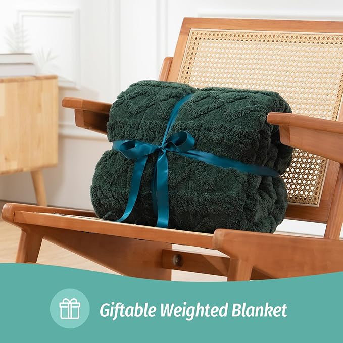 Wemore Weighted Blanket for Adults Twin Size 15 lbs, Dual Sided Soft Fuzzy Jacquard Sherpa Weighted Blankets for Sleeping, Cozy Fluffy Knitted Heavy Blanket for Couch Bed, Dark Green, 60 x 80 inches