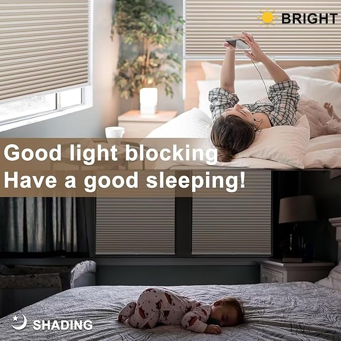 MYshade 1.5-Inch Cellular Cordless Blackout Shades,Thermal Insulating Noise Reducing Waterproof Blinds,Honeycomb Window Treatments for Indoor Light Control (Beige-39 W x 64" H)