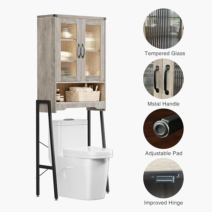 Over The Toilet Storage Cabinet with Tempered Glass Doors and Adjustable Shelf, Bathroom Organizer with Metal Stand Space Saver Over Toilet , Modern Toilet Rack for Bathroom, Restroom, Laundry, Grey