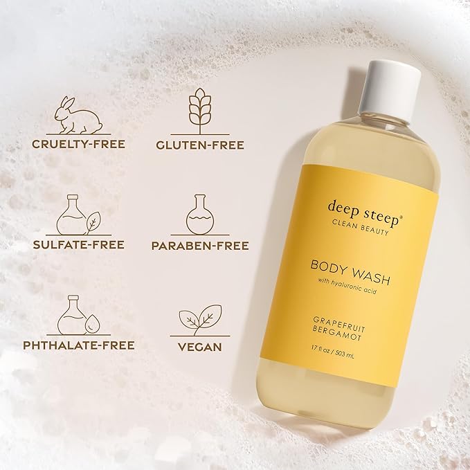 Deep Steep Body Wash, Grapefruit Bergamot, 17 oz – Hydrating Shower Gel with Hyaluronic Acid, Shea Butter, Aloe Vera & Argan Oil – Vegan, Clean Beauty, Clean & Refreshed Skin