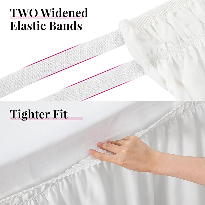 RIMELA Bed Skirting Queen Size White Bed Skirt 25 Inch Drop, Wrap Around Elastic Adjustable Bedskirt, Dust Ruffle for Bed Frame & Box Spring Soft Durable Fabric Machine Washable Easy to Install