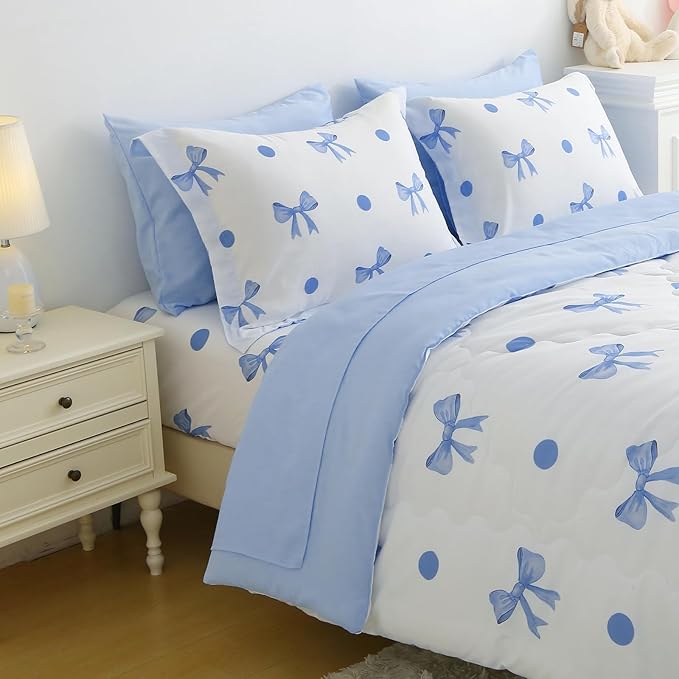 Wajade 7 Piece Blue Bow Comforter Set for Girls Kids Twin Size Bedding Set with Sheet and 2 Pillowcases 2 Pillow Shams Cute Girls Bed in a Bag as Birthday Choice