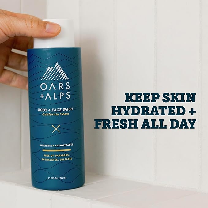 Oars + Alps Men's Moisturizing Body and Face Wash, Skin Care Infused with Vitamin E and Antioxidants, Sulfate Free, California Coast, 3 Pack