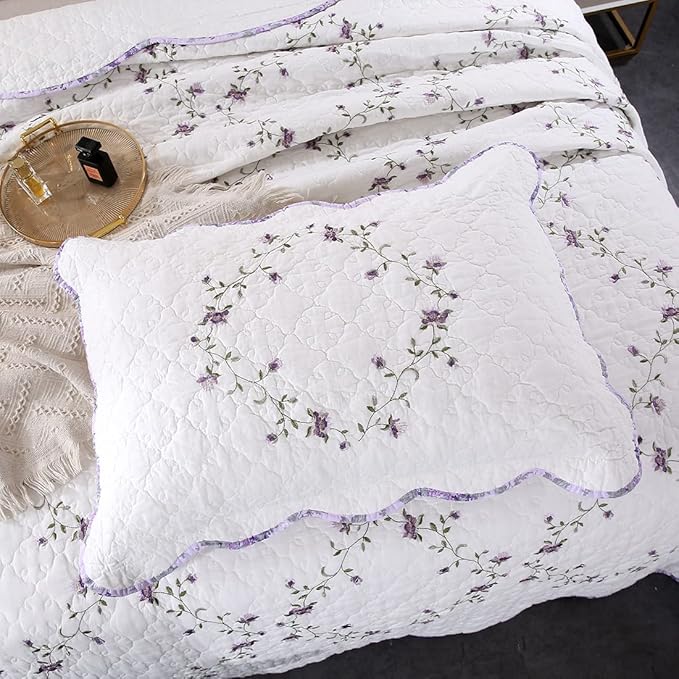 vctops 3-Piece Elegant Floral Embroidered Bedspread Coverlet Set Twin Size 100% Cotton Reversible Patchwork 1 Quilt and 2 Pillow Shams (Purple,Twin)