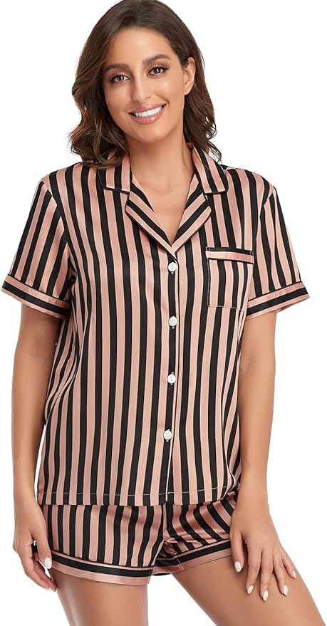 Women's Satin Pajama Set 2-Piece Sleepwear Loungewear Button Down Short Sleeve Silky PJ Set