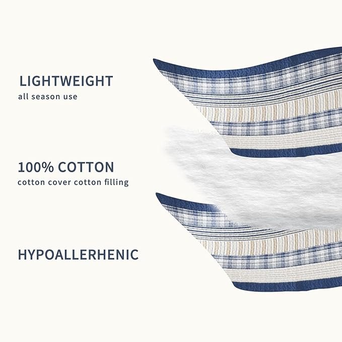 Homzard Twin Comforter- Blue Twin Bedding Sets, Plaid Striped Twin Quilt, Blue White Tan Quilt 100% Cotton, Farmhouse Comforter Bedspread 2 Pieces