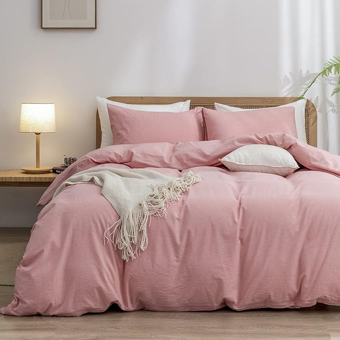 BESTOUCH Duvet Cover Set 100% Washed Cotton Linen Feel Super Soft Comfortable Chic Lightweight 3 PCs Home Bedding Set Solid Red Pink Queen