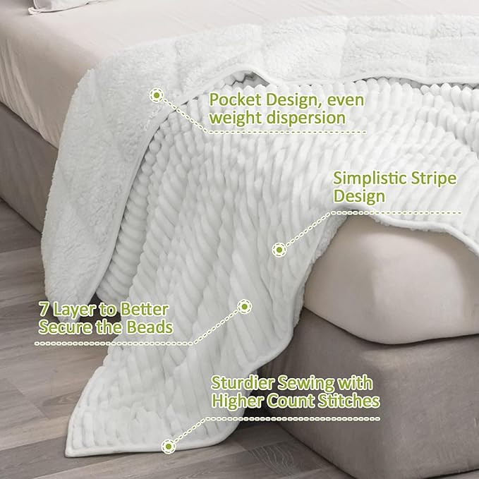 Uttermara Weighted Blanket for Adults Twin Size 15lbs, Striped Ribbed Fuzzy Heavy Blanket, Dual-Sided Ultra Cozy Sherpa & Super Soft Flannel for Sleep, 48x72 Inches, White