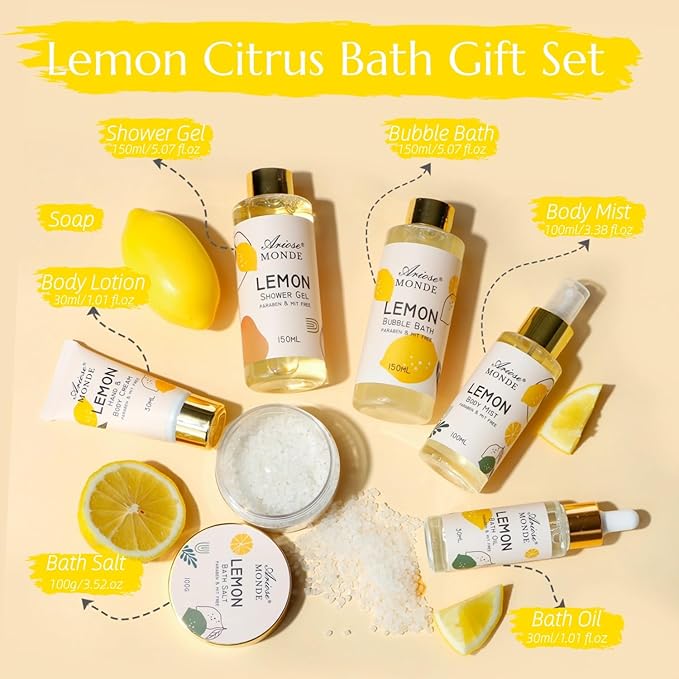 Lemon Scent Bath Spa Gift Box Set for Women - Shower Gel, Bubble Bath, Body Cream, Soap, Salt, Essential Oil
