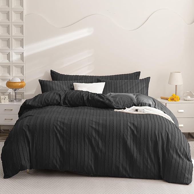 JELLYMONI Duvet Cover Twin Size Black - 3PCS Boho Striped Duvet Cover Set Polyester Tufted Bohemian Textured Comforter Cover 68×90in with Corner Ties & Zipper and 2 Pillowcases